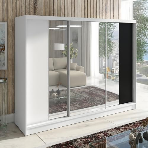A&J MöbelLand Schwebetürenschrank VIDA, 3-türig Kleiderschrank 200cm mit 4 Schubladen, und Spiegel, Garderobe 200 cm (Weiß/weiß/schwarz)
