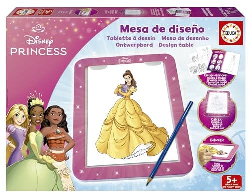 Educa - Table Design Princesses Disney. Créez, coloriez et décorez avec la Nouvelle Tablette à Dessin Lumineuse, Plus de 25 modèles, A partir de 5 Ans (20006)
