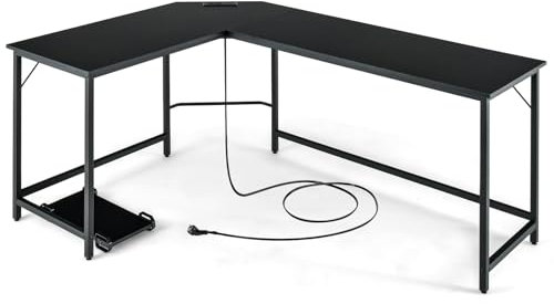 LIFEZEAL L-förmiger Eckschreibtisch, Büroschreibtisch mit Steckdosen & USB-Ladeanschluss, Computertisch für 2-3 Computer, Arbeitsplätze mit CPU-Ständer, 168 x 125 cm (Schwarz)