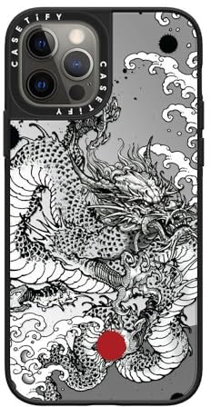 CASETiFY Mirror iPhone 12 Pro Hülle [Reflektierend/1.5 m Fallschutz/Kompatibel mit Magsafe] - Power Dragon - Silber auf Schwarz