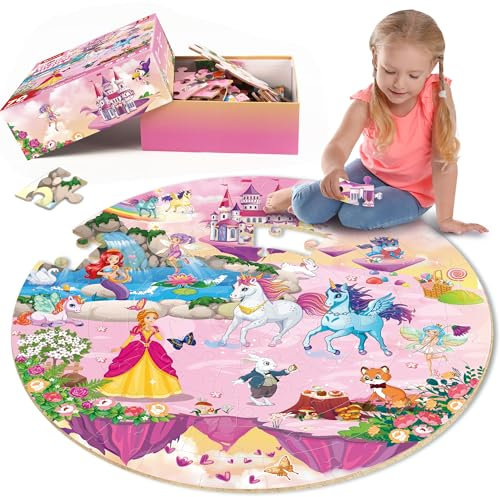 SYNARRY Giant Unicorn Floor Jigsaw Puzzle for Kids 3 4 5 6 7 8 Year Olds, 70 Piece Big Round Princess Mermaid Fairy Jigsaw, Unicorn Toys Gifts for Toddlers Children Girls