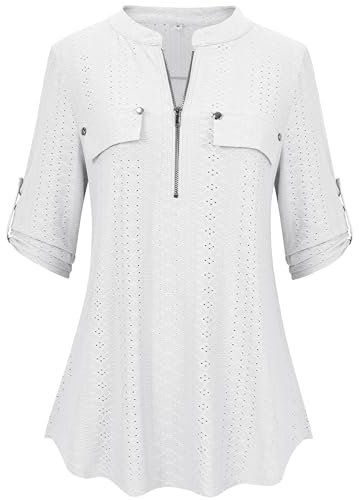 Lalala Bluse Damen Reißverschluss Langarmshirt Elegant Plissee Hemdbluse Z-Weiß-xg36 XXL