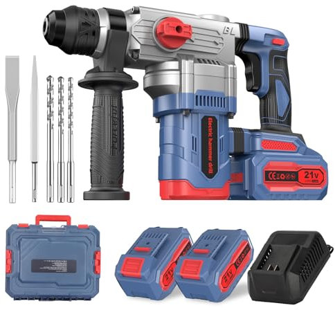 Marteau Perforateur Sans fil 21V, Perceuse à Percussion Sans Balais, SDS Plus, 2 * 4.0Ah Batterie,4 Fonction, 1300W, 2.3J, 1200U/M, Embrayage de Sécurité