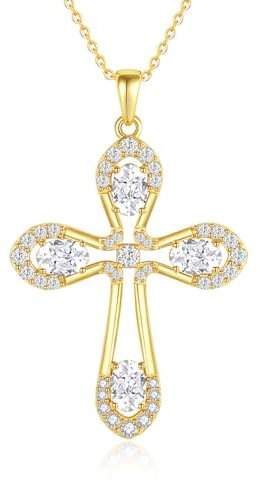 FANCIME Damen Kette Gold mit Kreuz Anhänger Kette aus 925 Sterling Silber, Gold Kreuz Anhänger mit Funkelnde Zirkonia Halskette Modeschmuck Geschenke für Damen Frauen, Kettenlänge: 40 + 5 cm