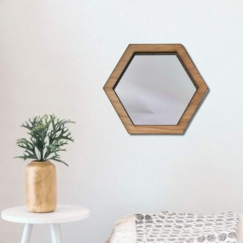 Servewell Sechseckiger Spiegel mit Holzrahmen, 25 x 28,7 cm, Walnuss