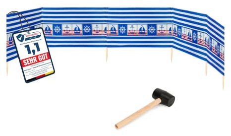 Garronda 6 m lang Windschutz Strand Sichtschutz mit Gummihammer GAEX001 | Windfang für Camping und Strandtage, praktisches Strandzubehör mit Holzstäben, als Sichtblende und Windbarriere im Sand