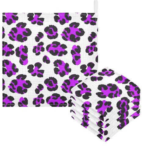 JUMBEAR Lot de 5 gants de toilette en mousseline à imprimé léopard coloré pour bébés, serviettes pour bébé, gants de toilette super doux et absorbants pour nouveau-nés, nourrissons et tout-petits