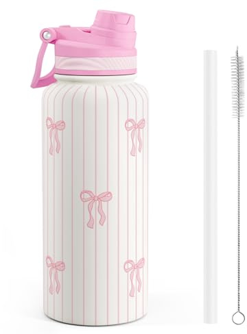 Bow Stainless Steel Water Bottle with Strap 32oz, Insulated Bottles with Straw and Spout Lid for Gym Sports Travel Outdoor, Gifts for Women Girls Birthday Christmas