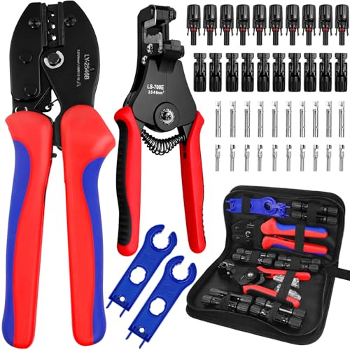 SBGGRL Solar Crimpzange für 2.5 4 6mm² Solarpanel Solarkabel, 10 Paar Männlich Weiblich Solarstecker, 1 Stk Crimpzange, 1 Abisolierzange und 2 Stk Schraubenschlüssel
