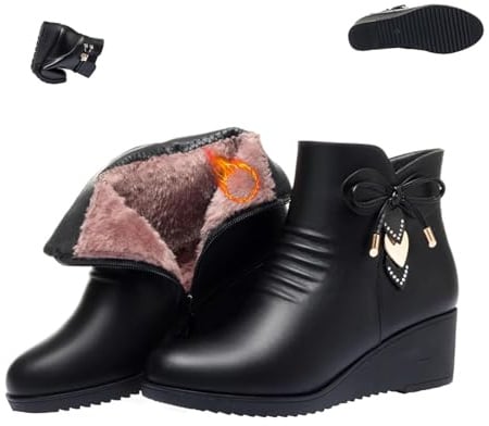 POIOZXD Stivali ortopedici da donna in vera pelle, foderati in pelliccia lucida con strass impermeabili, in pelle, invernali, caldi, con zeppa e cerniera laterale