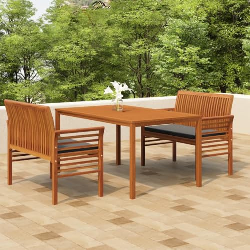 Bucmath 3-TLG. Garten-Essgruppe Akazie Massivholz, geölt, 150x90cm Tisch mit Schirmloch, 2 Bänke mit Kissen, Outdoor Möbel Set für Terrasse, Balkon, Garten
