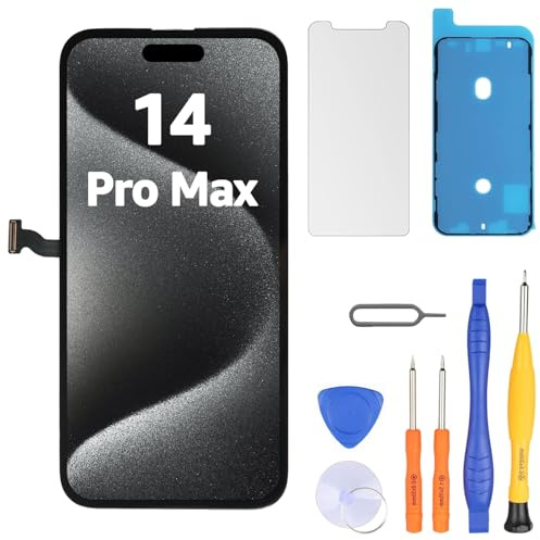 LL TRADER Display für iPhone 14 Pro Max 6.7 LCD Ersatzbildschirm und Kits | Retina FHD 3D Touch Digitizer Rahmenmontage mit Wasserfestem Klebeband und Displayschutzfolie (True Tone Programmierbar)