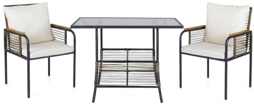 LIFEZEAL 3-TLG. Gartenmöbel Set, 3-teiliges Balkonmöbel-Set Rattan, Esstisch mit 2 Stühlen inkl. Sitzkissen, Terrassenmöbel Sitzgruppe für Balkon, Veranda, Garten, Hof (Beige)