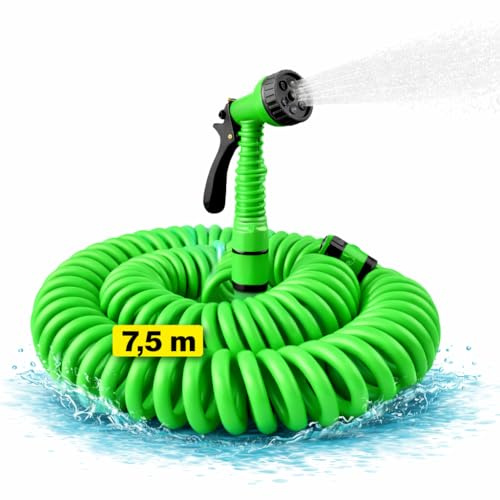 Manguera jardín espiral extensible hasta 7.5M con Pistola Rociadora 7 modalidades de riego. ideal balcones, terrazas y jardines. Manguera de agua.