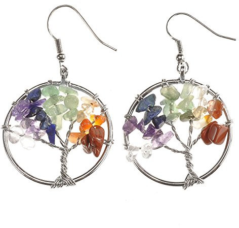 JOVIVI Paire Clou Boucle d'oreille Arbre de Vie Crochet 7 Chakra Pierres Naturelles Perles d'Energie Cuivre Tibétain Bouddhiste avec Pendentif Arbre de la Vie Bijoux de Corps Beauté