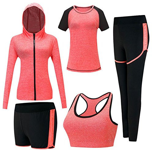 ZETIY Damen Traingsanzug Yoga Kleidung Anzug 5er-Set Sportanzüge Jogginganzug Gym Fitness Kleidung Laufbekleidung Sportswear Sport Yoga Outfit Damen BH Leggings Set - Orange - XL
