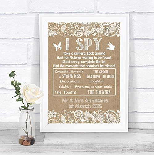 Burlap & Lace Effect I Spy Disposable Camera Photos Personalised Wedding Sign Print