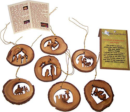Holy Land Market Olivenholz 7-teiliges Weihnachtsrinde Natur Ornament Set Krippengeschichte