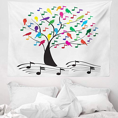 ABAKUHAUS Musik Wandteppich, Baum mit Anmerkungen Glück aus Weiches Mikrofaser Stoff Waschbar ohne Verblassen Digitaldruck, 150 x 110 cm, Weiß Dunkelgrau