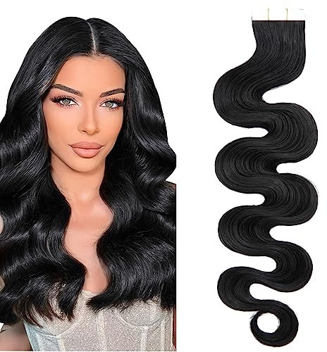 SEGO Tape Extensions Echthaar GEWELLT 24zoll/60cm 20 Stück Klebeband Haarverlängerung 50G mit 10 PCS Doppelseitig Ersetz-Klebestreifen Schwarz#1