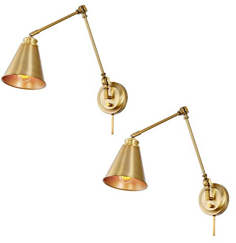 Kira Home Ellis 18 Vintage Industrial Swing Arm Wall Lamp - Plug in/Wall Mount + Cord Covers, Warm Brass Finish, 2-Pack