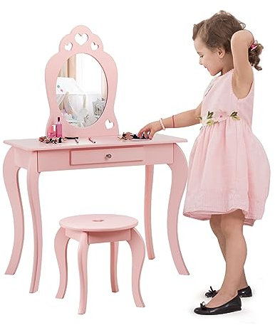 COSTWAY 2 in 1 Toeletta Trucco per Bambina 3+ Anni, Postazione Trucco Bambina con Specchio ad Alta Definizione Rimovibile, Set in Legno con Sgabello, Cassetto e Dispositivo Anti-ribaltamento (ROSA)