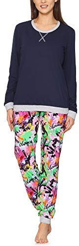 Merry Style Damen Lang Zweiteiliger Schlafanzug aus Baumwolle Pyjama Set Winter MS10-168 (Marineblau Tanzen, L)