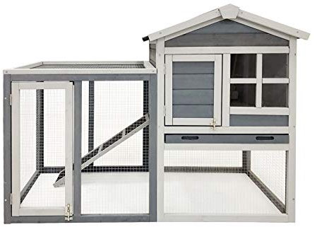 Wiltec Hasenstall grau-weiß 1220 x 630 x 920 mm mit Freilaufgehege und erhöhtem Unterschlupf aus Holz, Kaninchenkäfig mit 2 Etagen, Kleintierstall