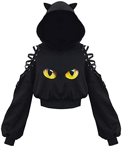 EUDOLAH Damen Hoodie Schulterfrei Katzen Ohr Hoodie Kapuzenpulli mit Bänder kurzes Sweatshirt (Katzenaugen S)