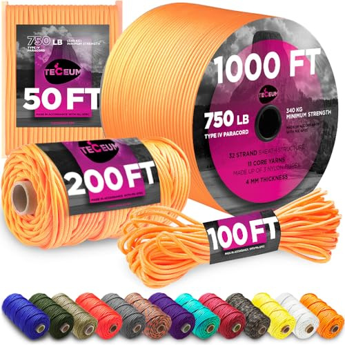 TECEUM Paracord Tipo IV 750lb Albicocca – 30m– 4 mm – Corda da paracadute tattica resistente in nylon al MIL-SPEC – Corda di sopravvivenza con anima a 11 fili per campeggio, escursionismo
