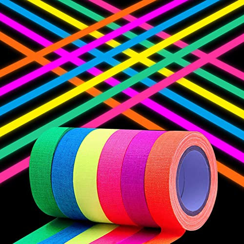 Neon Klebeband - 6 Stück UV Schwarzlicht Fluoreszierendes Klebeband - Fluoreszierendes Gaffer Tape Neon- für Leuchtstäbe Partydeko Handwerk(5m x15mm)