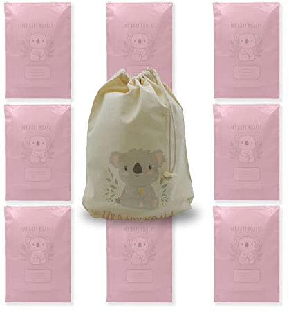 My Baby Koala 8 Buste Corredino Nascita Rosa| Sacchetto porta biancheria cotone organico con primo cambio neonato riciclabili e biodegradabili | 100% Made in Italy