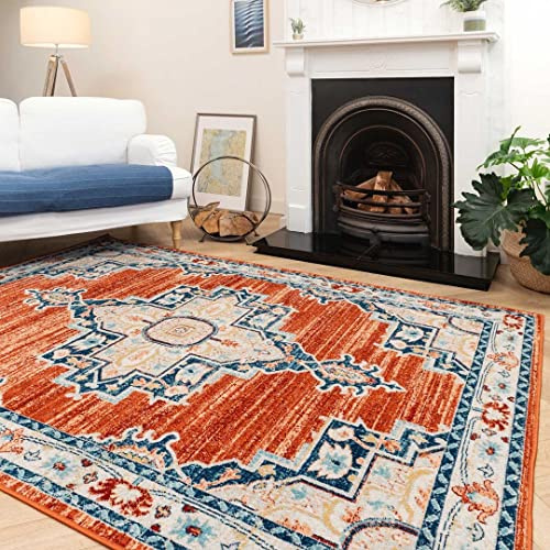 Traditional Oriental Persian Style Orange Terracotta Living Room Area Rug Navy Blue Floral Medallion Moroccan Bedroom Carpet Easy Clean Classic Hallway Kitchen Mat Rugs 80cm x 150cm