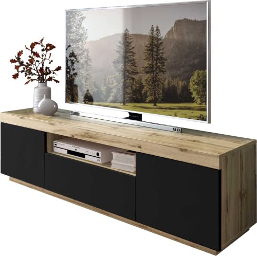 Domando Lowboard Ravello M1 Modern für Wohnzimmer Breite 170cm, Push-to-Open-System in Wotan Eiche und Schwarz Matt