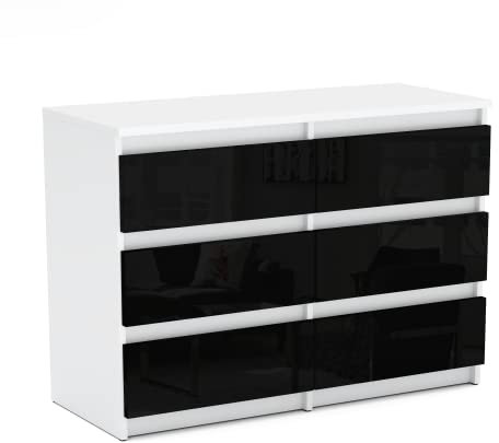 MRBLS Kommode mit 6 Schubladen Sideboard Schubladenschrank Kleiderschrank Modern Möbel mit Schubladen für Ihr Schlafzimmer (Weiß Matt - Schwarz Glanz) – 100 x 70 x 30 cm (B/H/T)