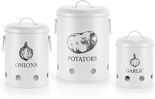 EHC Set of 3 Potato, Onion and Garlic Storage Containers With Lid & Side Handles For kitchen, Long Shelf Life with Aerating Tin Storage Holes - White