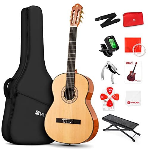 Vangoa Klassische Gitarre, 36 Zoll Nylonsaiten-Akustikgitarre für Anfänger, Spanische Gitarre in 3/4 Größe mit Fichtendecke und Sapel, Mit Gigbag, Pedal, Stimmgerät, Gurt, Kapodaster, Ersatzsaiten