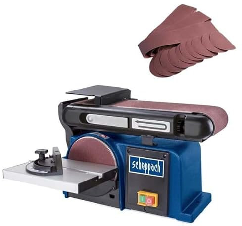 Scheppach Belt and Disc Sander with 1 x 100mm Sanding Belt, 1 x 150mm Hook & Loop Sanding Disc, Mitre Guide & Side Table