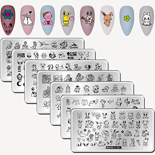 7 Stück Nagelschablonen Stempel Nageldesign Cute Animal Print Nagel Stamping Schablone Rostfreier Stahl Nagel Schablone Cat Unicorn Mermaid Image Nail Stamping Plate Stamping Set Nail Art Nagelstempel