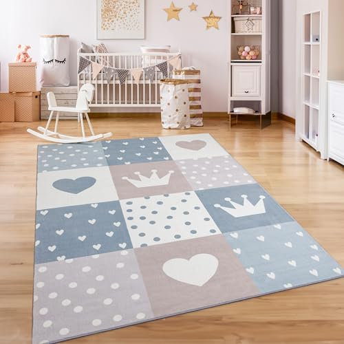 Paco Home Teppich Kinderzimmer Kinderteppich Spielteppich Kurzflor rutschfest Krone Herzen Punkte Sonne Regenbogen Buchstaben, Grösse:240x340 cm, Farbe:Beige