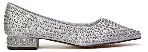 ESSEX GLAM Womens Bridal Shoes Ladies Slip On Low Heel Pointed Toe Wedding Evening Party Diamante Bridemaid Silver Pumps Size 6