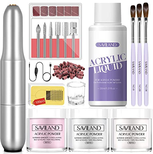 Saviland Acrylic Nail Kit with Nail Drill for Beginners, Pink White Clear Acrylic Powder and Liquid Set with Electric Nail Drill 3Szies Acrylic Nail Brushes Professional Nail kit Set Gifts for Women
