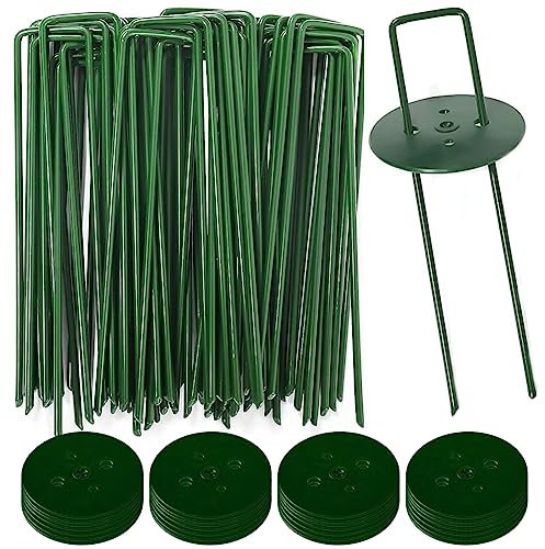 50 grapas de césped tipo U para césped artificial + 50 arandelas amortiguadoras, estacas de jardín de 6 pulgadas, grapas galvanizadas para paisaje, estacas de césped a prueba para asegurar vallas de