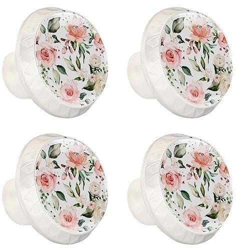 suojapuku Boutons d'armoires de cuisine,boutons de commode pour armoires et tiroirs,pivoines roses et roses blanches,Paquet de 4 poignées blanches rondes
