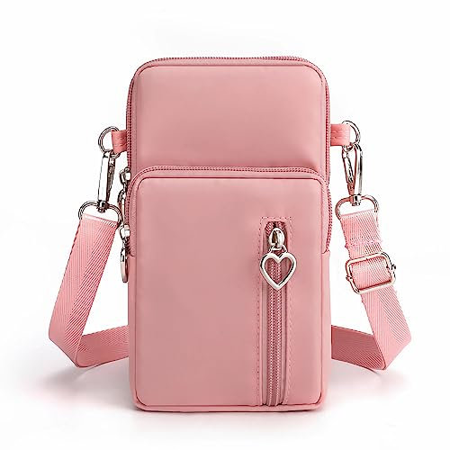 Vientiane Sac Bandoulière Pochette Téléphone - Mini La Mode, 3 Couches de Stockage Nylon, Portefeuille/Épaule, Voyage pour Phone (Rose)