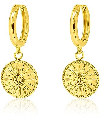 Mary & Jules Creolen Gold 925 Sterling Silber vergoldet mit Sonnen Anhänger, aus recyceltem Silber, Ohrringe Damen Gold, Durchmesser 12 mm, Klappcreolen mit Münz Anhänger für Frauen & Mädchen
