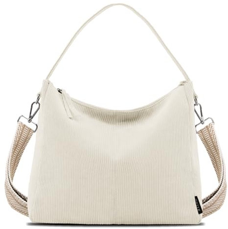 Prite Tote Bag Handtasche Damen Umhängetasche Cord Shopper Tasche mit Reißverschluss und Gurt für Arbeit Uni Schule Reise (Beige)