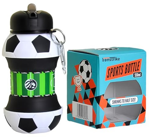Lionstrike Kinder-Sport-Trinkflasche, Fußball-Geschenke für Jungen und Mädchen, zusammenklappbare Fußballflasche (550 ml)