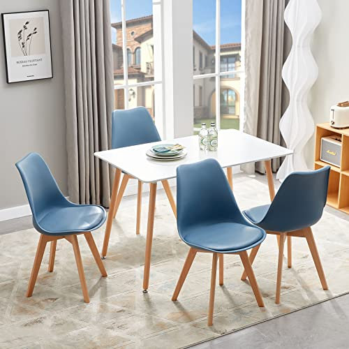 LafeuR Essgruppen Esstisch mit 4 Stühlen, 4er Set Esszimmerstühle und Rechteckig Küchentisch Esszimmergruppe für 4 Personen, Sitzgruppe für Wohnzimmer Küche Büro(Weiß Tisch + 4 Dunkelblau Stuhl)