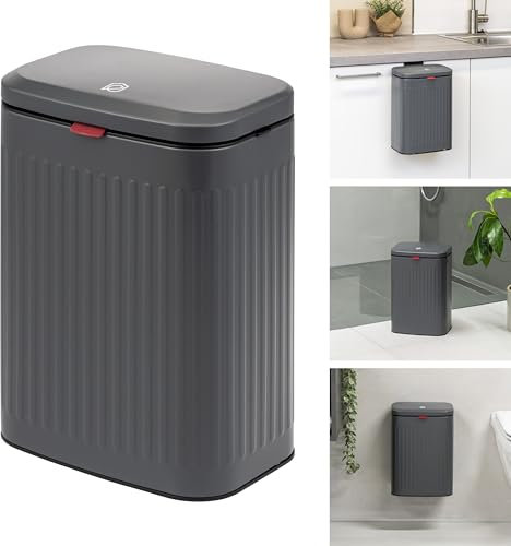 eluno Cubo de basura grande de cocina con tapa deslizante para colgar, colocar o pegar, 8 litros de capacidad, para cocina y baño, con cubo interior de plástico extraíble (Gris)